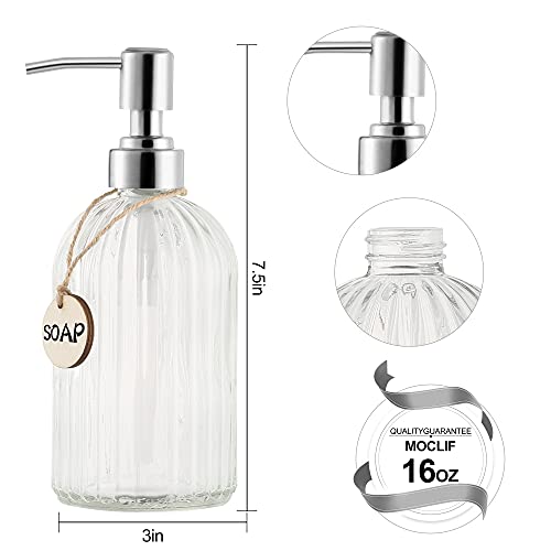 Moclif 16 Oz Soap Dispenser，Tempered Glass Clear Vertical Stripe With 304 Rust Proof Stainless Steel Pump Refillable Liquid Hand Soap Dispenser，For Bathroom, Kitchen, Dish Soap，Lotion (Clear) #TOP1