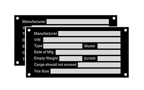 Blank VIN Tag for Trailers, Identification Serial Number Plates with Model, MFG Date & GVWR â€“ ID Plate for Cargo Utility Flatbed Landscape Trailer Car Truck Vintage Hotrod T Bucket Motorcycle (2PCS)