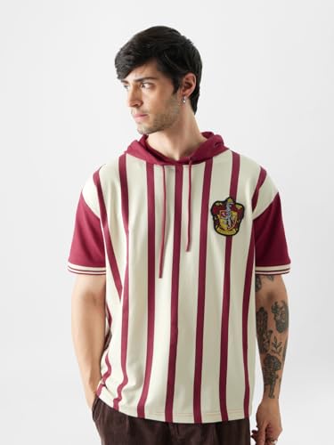 Image of The Souled Store Men's Official Harry Potter: Gryffindor Rugby Set Hooded Oversized Fit T-Shirts