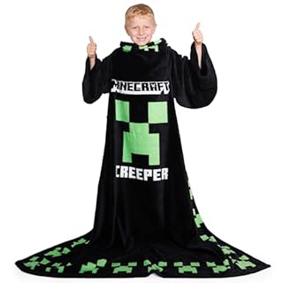 Minecraft Wearable Blanket for Kids and Teenagers - One Size Kids Blanket with Sleeves Cosy Lounge Wear Gifts for Boys (Black)