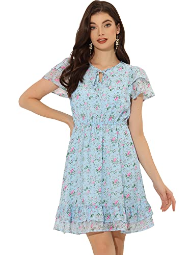 Image of Allegra K Women's Ruffle Sleeve Self-Tie V Neck Flowy Ruffled A-Line Floral Chiffon Dress