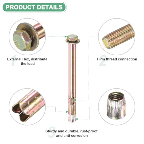 Image of M METERXITY 5-Pack Hex Expansion Bolt, M6x100mm Colored Galvanized Iron-Carbon Steel External Hex Expansion Bolts, Anti-Corrosion Metal Bolt for Concrete /Dry Brick /Block Walls