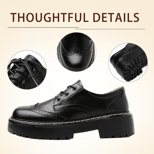 Image of Womens Oxford Shoes Black Leather Platform Oxford Shoes for Women Brogue