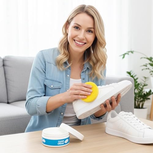 White Shoe Cleaner Cream, Multipurpose No Wash Cleaning Paste with Sponge for Leather Sneakers Soles Removes Dirt (1) — view 7