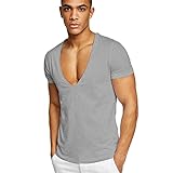 Rela Bota Mens Deep V Neck T Shirt Stretch Muscle Gym Workout Tee Shirt Short Sleeve Slim Fit Low Cut Tank Tops Grey