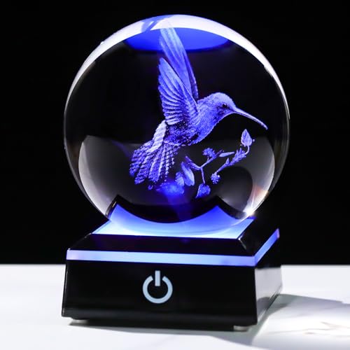 Image of Arikyrist 3D Crystal Ball Hummingbird Figurine with LED Base, Hummingbird Gifts for Women Men on Christmas Birthday, Hummingbird Ornament Glass Decorative Ball for Home Decor (80mm)