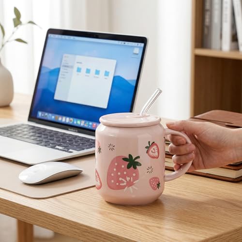 Noamus 2 Pack Cute Ceramic Mugs with Lid and Straw, 13 Oz Fruits Pattern Coffee Cup with Handle, Handmade Strawberry Orange Tea Cup for Office Home, Hot Ice Water Chocolate Milk, Women Gift by Noamus - Used condition - Image 8