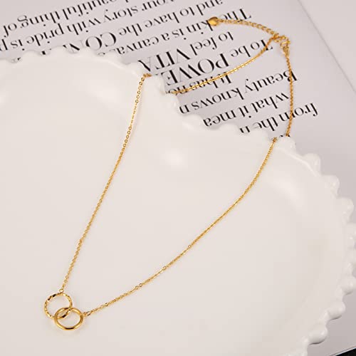 Hzman 14K Gold Plated Necklace For Women Girls Simple Tiny Two Rings Interlocked Adjustable Choker Necklace Jewelry Gift #TOP1