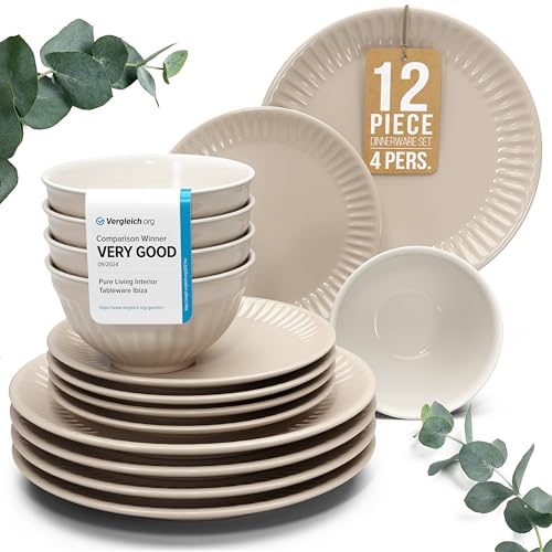 Image of Stoneware Dinnerware Set for 4 People HYGGE 12-Piece - Elegant Scandi Design - Premium Dish Set - Bowl and Plate Set - Tableware for 4 People in a Ribbed Design - Pure Living in Light Brown