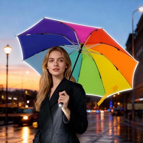 Lejorain Inverted Rainbow LED Umbrella - Folding Reverse Automatic Travel Umbrellas Compact for Rain Windproof Women - Portable Upside Down Collapsible Reflective Umbrella — view 3