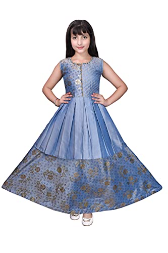 Image of Sky Heights Girl's Silk Slend Fit and Flare Maxi Wedding Dress (ZB Print Grey34 Grey 11-12 Years)