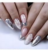 TULOBI Christmas Nails Medium Almond Fake Nails with Snowflake Designs French Tip Nude Acrylic Na...
