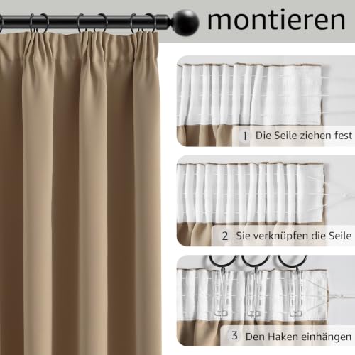 TOPICK Gardinen Vorhänge Verdunklungsvorhänge H200xB140 2er Set Khaki – Ansicht 6