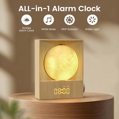 Epochleno Sunrise Alarm Clock, 360-Degree Rotating Moonlight & 10 White Noise Sounds, Dual Alarm & Snooze for Heavy Sleeper, Timer, Wooden Bedroom Light Gift - Wood - image 2