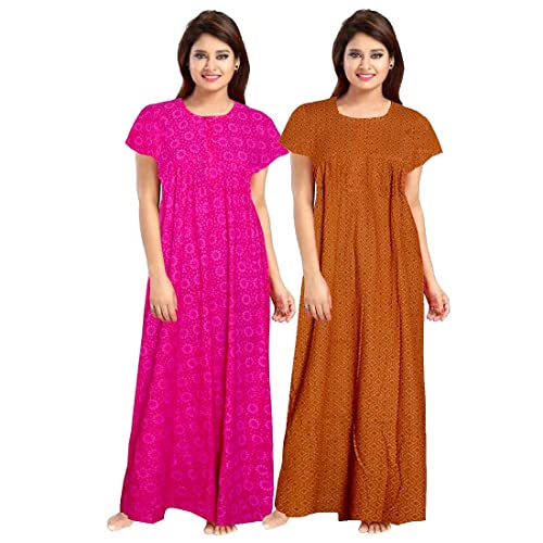 Image of Nighty for Women Cotton Printed Maxi Gown Ankle Length Nighty Night Dress Gown for Women Maxi - Free Size (Pack of 2)