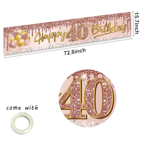 Image of Excelloon 40th Birthday Banner Decorations for Women, Pink Rose Gold Happy 40 Birthday Yard Banner Party Supplies, 40 Year Old Bday Background Sign for Outdoor Indoor