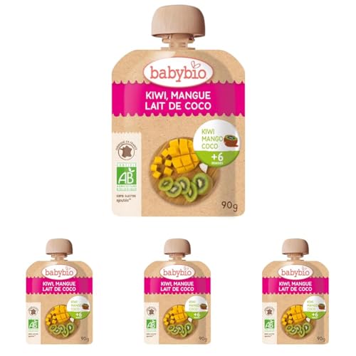 BABYBIO - Bolsita de fruta - Kiwi, Mango y bebida de coco - Desde 6 meses - BIO (Paquete de 4)