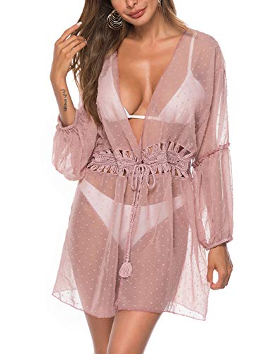 Beach Coverups for Women-Sheer Mesh Long Sleeve Crochet Lace Kimono Cover Up Cardigan