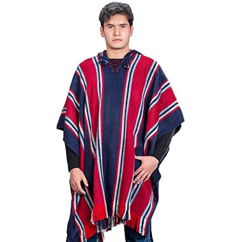 INTI ALPACA Navy Blue and Red Hooded Poncho Cover