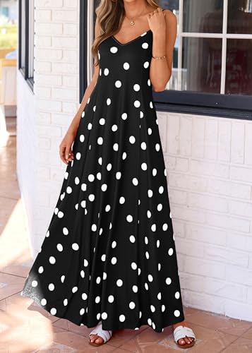Image of KIRUNDO Womens Polka Dot Spaghetti Strap Flowy Maxi Dress | Sleeveless V Neck Boho Long Dresses, 2026 Summer Beach Vacation Cruise Outfits, A-Line Backless Sundress With Pockets