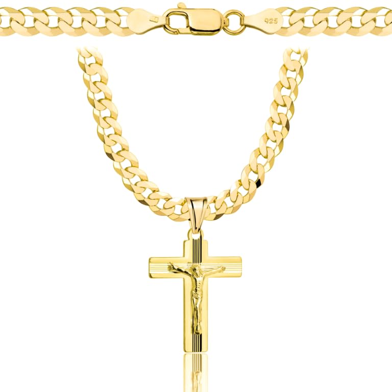 AMAR Chaîne en or pour homme avec croix 585, chaîne pour homme 925/585 – Chaîne en or massif 585 massif – 5 mm, chaîne croix – Collier pour homme blindé