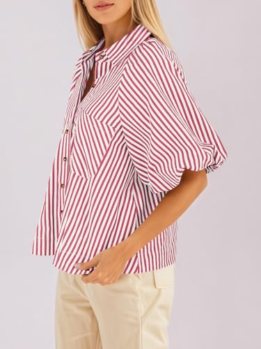 Image of Tankaneo Womens Short Puff Sleeve Button Down Shirts Striped Trendy Casual Loose Fit Blouse V Neck Collared Tops