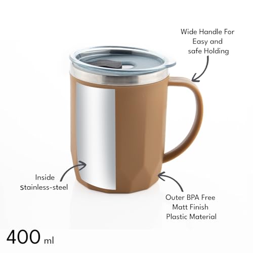 Image of Clazkit Travel Leak Proof Coffee Mug | Stainless Steel Coffee Tumbler | Spill-Proof Lid | Hot & Cold Vacuum Mug for Office, Travel & Car- 400ml Light Brown