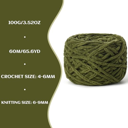 Image of 3 Pack Fluffy Chenille Chunky Yarn for Crocheting 100g(65.6yd) - Baby Yarn for Crocheting Soft - Velvet Yarns for Crochet Blanket - Amigurumi Crochet Yarns (Army Green)