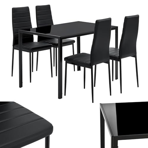 Juskys Ensemble Table à Manger Dalya (120 x 70 cm) avec 4 chaises rembourrées, Plateau en Verre Solide, Piètement en Acier, Revêtement en Similicuir résistant - pour Salle à Manger et Cuisine