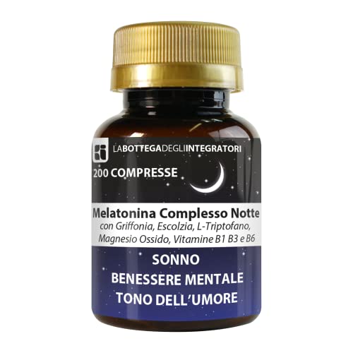 Melatonina Complesso Notte 200 Compresse 1 al dì | con Griffonia Escolzia Triptofano Magnesio Vitamine B1 B3 B6 | Sonno Umore e Rilassamento | Non animale LA BOTTEGA DEGLI INTEGRATORI