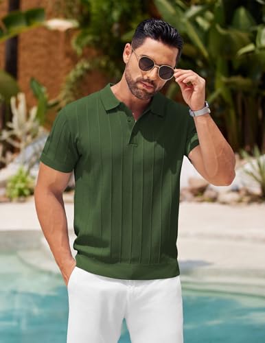 COOFANDY Mens Golf Polo Shirts Ribbed Textured Knit Polo Shirt Business Banded Bottom Shirts Casual V Neck Polo Shirts Collared Shirts Short Sleeve Army Green - Image 4