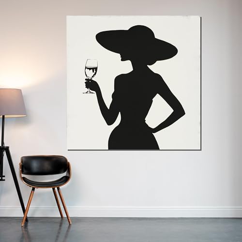 Peinture silhouette femme au chapeau 60x60cm tableau noir et blanc art mural