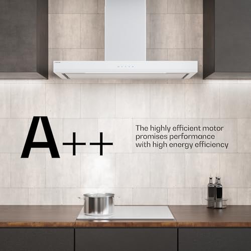 Okap ścienny Klarstein Velaire 90 cm – 595 m³/h, efektywność energetyczna A++, sterowanie dotykowe, dioda LED, cichy, filtr aluminiowy i węglowy, biały