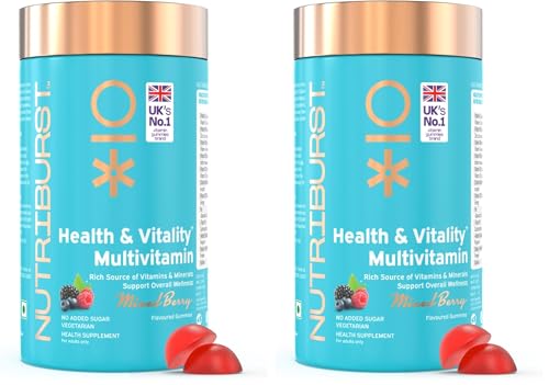 Image of Nutriburst Health & Vitality Gummies with Multi Vitamins A, B, C, D, E & Biotin | No-Added Sugar| Mixed Berry Flavor |100% Vegetarian| 60 Gummy (Pack of 2)