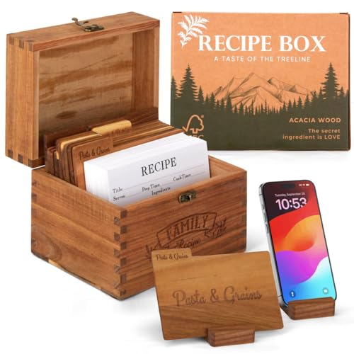 NOFEO Premium Acacia Recipe Box - 100 Double-Sided Cards, Phone Stand & 9 Wooden Dividers | Handcrafted Kitchen Recipe Organizer with Wood Conversion Card | Beautiful Rustic 4x6 Recipe Holder