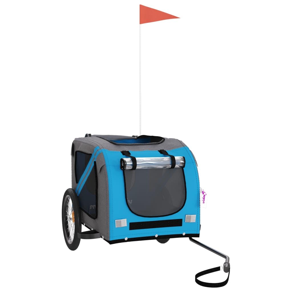 Remolque de bicicleta Perros Azul y Gris de Tela Oxford y Hierro Plegable con Ventana de Malla y Ventilación Carro de Transporte con Ruedas y Freno para Paseos al Aire Libre y Visitas