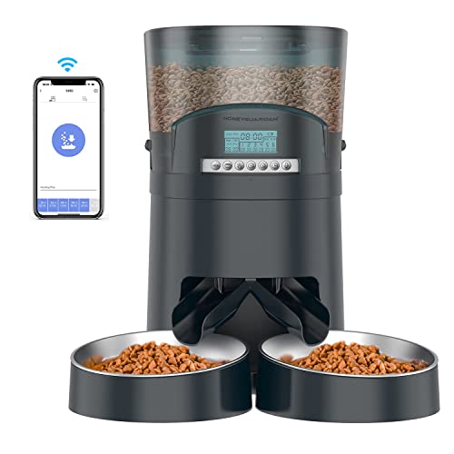 HoneyGuaridan Mangiatoia automatica per gatti 2 ciotole, 2.4G WiFi, distributore automatico intelligente per gatti e cani, 1-6 pasti al giorno (4,5L)