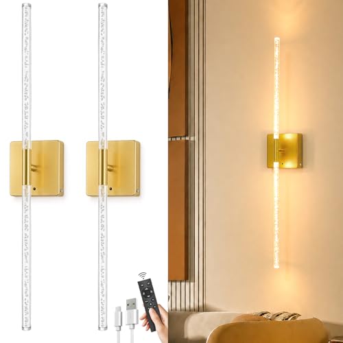 Image of Wall Sconce Set of 2: Gold Rechargeable Wireless Magnetic Install, Crystal | 10000mAh Battery Operated, 360 Rotatable Wall Light,4CCT Dimmable LED Scone Lighting for Living Room Bedroom. 31.7in