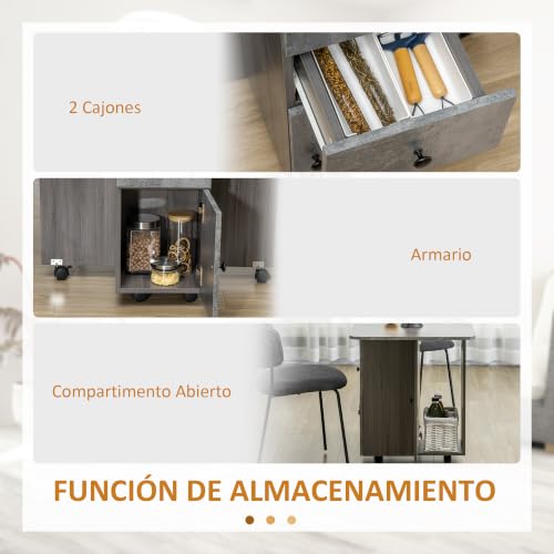 Miniatura 6 de Homcom Mesa Plegable De Comedor, Mesa De Cocina Plegable, Con Ruedas, Alas Abatibles, 2 Cajones, Estante Y Armario, Hasta 6 Personas, Para Salón, Espacio Pequeño, 120x60x76,5 Cm, Gris