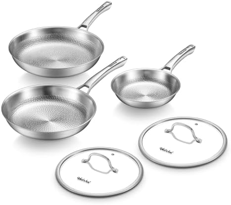 Titanium Au Gratin Pans Set 8/10/12 Inch, Pure Titanium Hammered Frying Pans with 2 Lids, Non-Toxic Skillet Cookware, PFAS/PFOA/PTFE Free, Dishwasher & Oven Safe, Induction Compatible