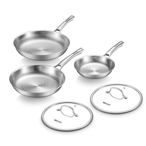 Titanium Pans For Cooking Set 8/10/12 Inch, Pure Titanium Hammered Pro Frying Pans with 2 Lids, Non-Toxic Skillet Cookware, PFAS/PFOA/PTFE Free, Dishwasher & Oven Safe, Induction Compatible by VEDNHOL - Used condition - US$200.00