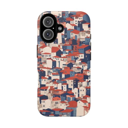 Coque rigide mate iPhone 16 motifs maisons urbaines toits rouges