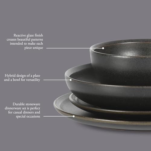 Image of Gibson Elite Beckett Stoneware Matte Reactive Glaze 16 Piece (Service for 4) Plates and Bowls Dinnerware Set - Black