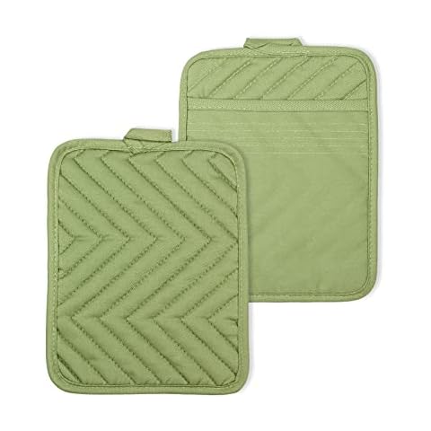 Pot Holder with Pocket Kitchen Heat Resistant Cotton Pot Holder Set of 2 Durable Potholders Hot Pads and Oven Mitts for Baking Cooking (Green) Cover