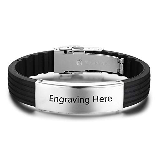 Ashleymade Personalized ID Men Bracelets Stainless Steel Engraved Bangle Bracelets for Mens Jewelry for Boyfriend (Engraving)