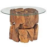 KCCLVER Coffee Table Solid Teak Driftwood 23.6",Rustic Charm Teak Wood Coffee Table with Tempered Glass Top for Living Room Decor Accent Furniture, Living Room Furniture