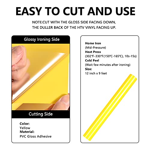 Image of FUNKAKA Heat Transfer Vinyl Rolls, 12 inch x 9ft Yellow Iron on Vinyl | Glossy HTV Vinyl for All Cutter Machines Easy to Cut & Weed for Heat Vinyl Design