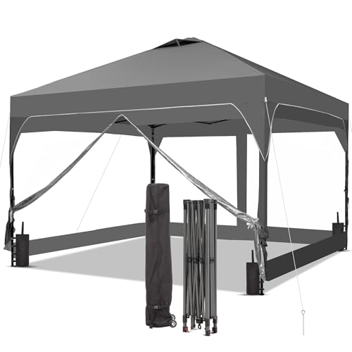 GDY 12x12 FT Pop Up Canopy Tent with One Push Setup Setup Gazebo with 4 PVC Transparent Sidewalls Easy Carry for Events Parties Camping Grey.
