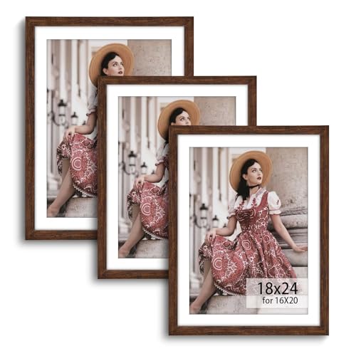 Image of HLiWEGNS Dark Brown 18x24 Frame Set of 3 - Rustic Woodgrain 18 x 24 Poster Frame for Pictures 16x20 with Mat or 18x24 Picture Frame Without Mat for Wall Gallery Display - Ideal Christmas Day