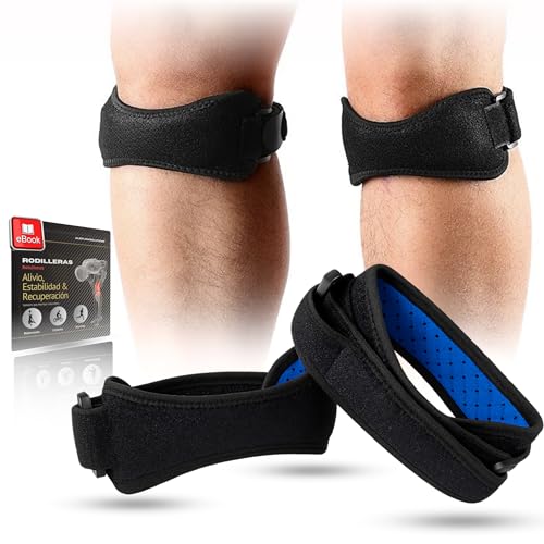 AleFlowSolutions Rodillera Rotuliana Adjustable X2, Cinta Rotuliana, Alivio Para El Tendón Rotuliano Ideal para Correr, Saltar, Gym, Pádel Estabilización De La Articulación Incluye 2 Bandas Y 1 Ebook.